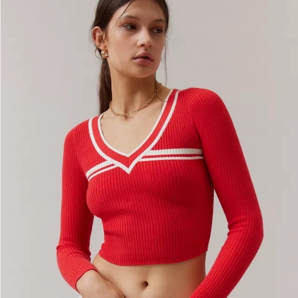 BDG Woman Red Ribbed V-Neck Crop Knit Sweater Top SMALL Tenniscore Preppy Chic - Picture 1 of 8
